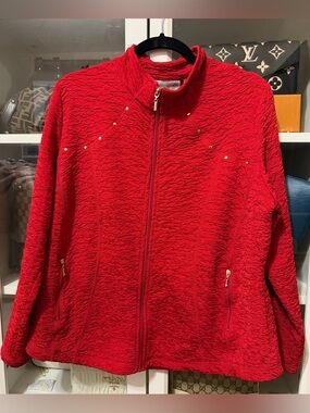 Red Textured Zip-Front Bomber Jacket with Gold Accent